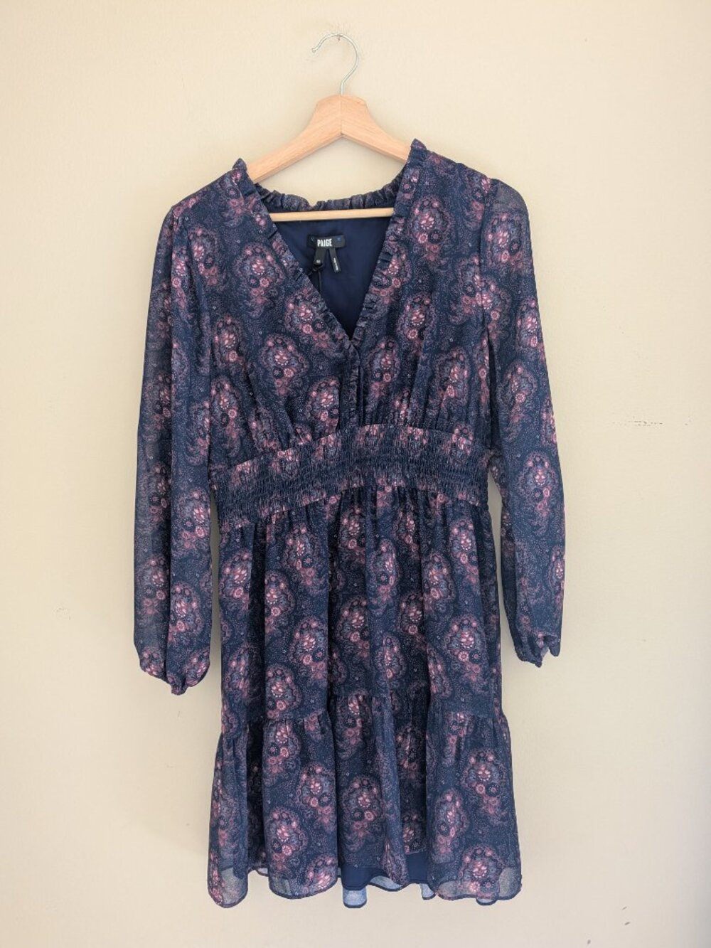 NWT PAIGE Jeanne Dress Navy Multi Paisley Floral Ruffle Mini Dress Size M - Picture 4 of 11